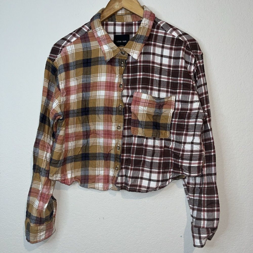 Love Tree Woman’s Large Cropped Plaid Button Up Mix Media Flannel